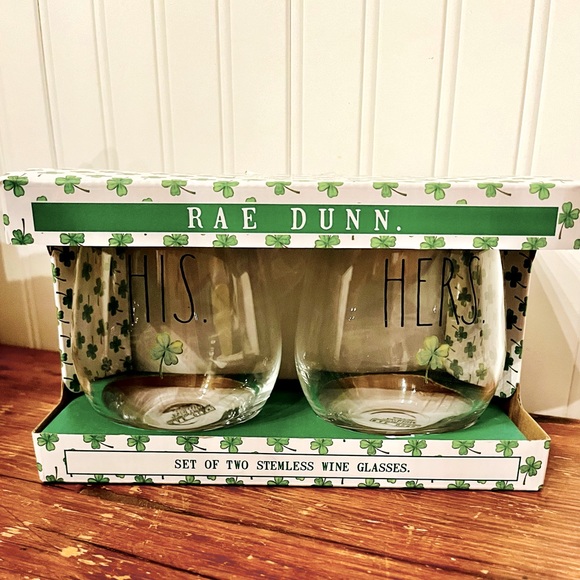 Rae Dunn Stemless Wine Glasses His/Hers St Patty’s Day - Picture 1 of 3